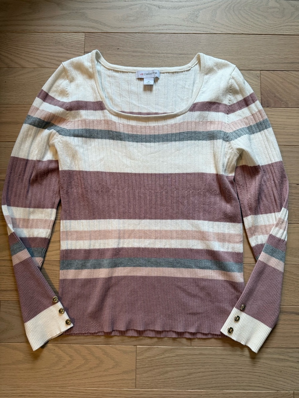 Liz Claiborne Striped Scoop Neck Sweater - Cream, Mauve, Gray Size M